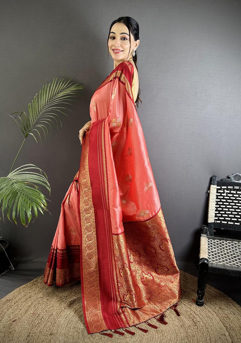 Salmon Pink Woven Silk Saree Set - Indya