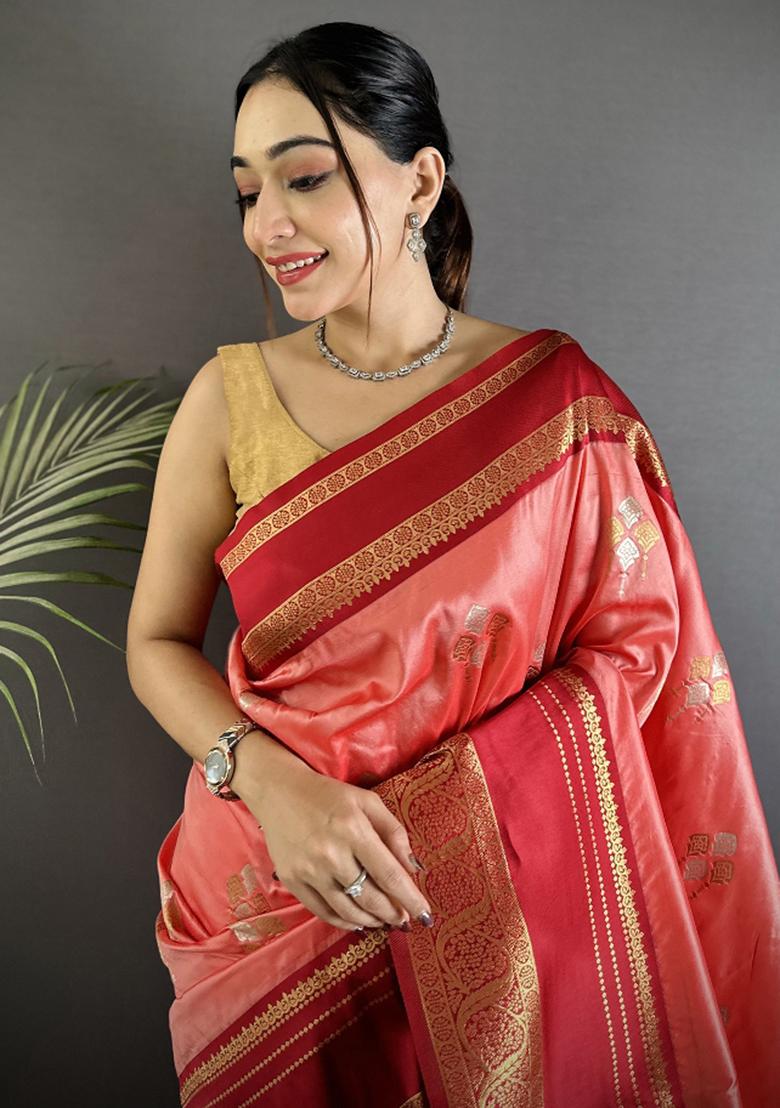 Salmon Pink Woven Silk Saree Set - Indya