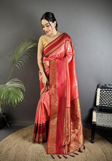 Salmon Pink Woven Silk Saree Set
