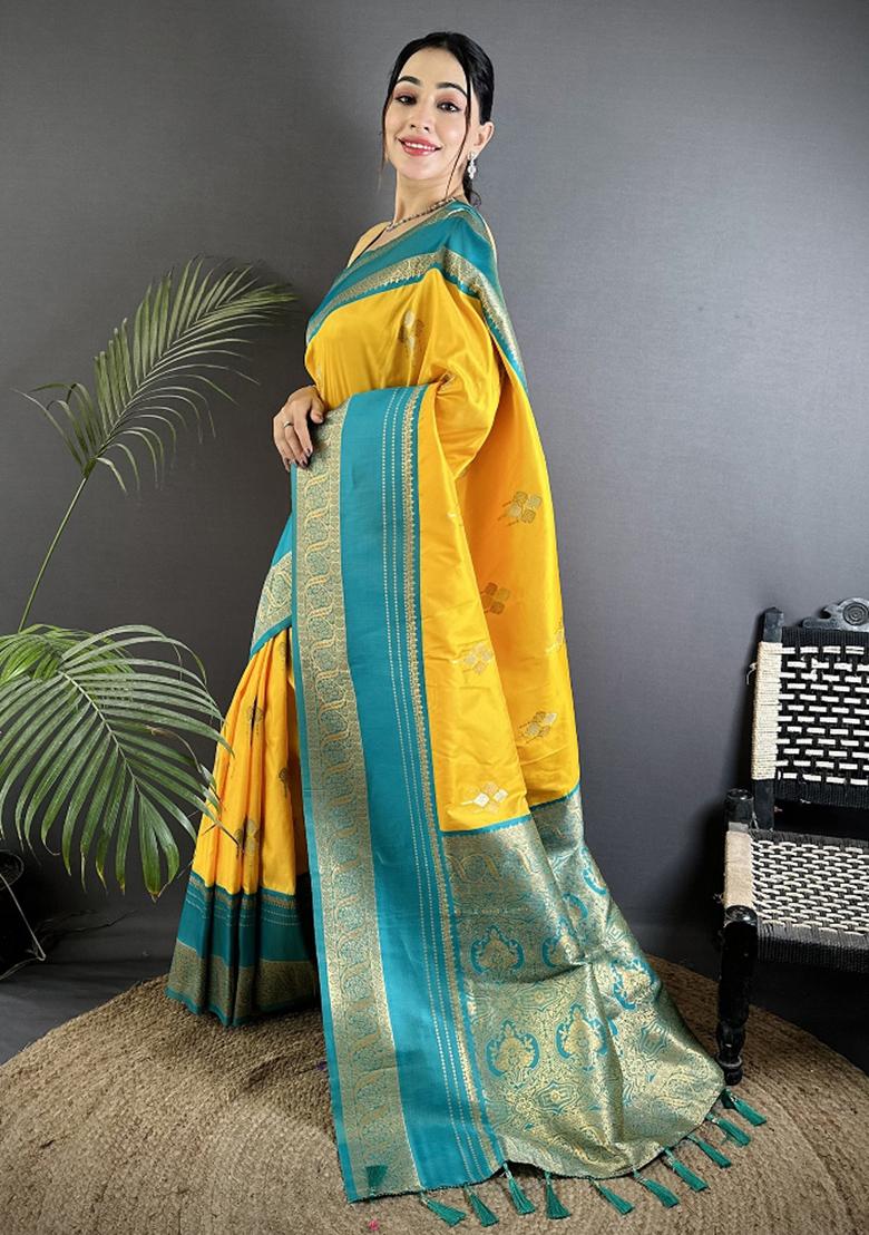 Yellow Woven Silk Saree Set - Indya