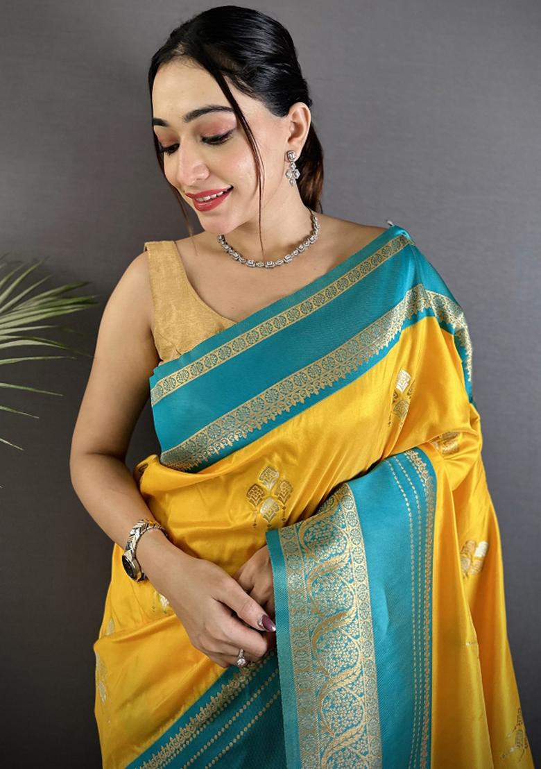 Yellow Woven Silk Saree Set - Indya