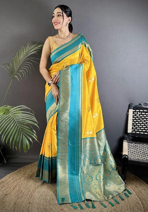 Yellow Woven Silk Saree Set