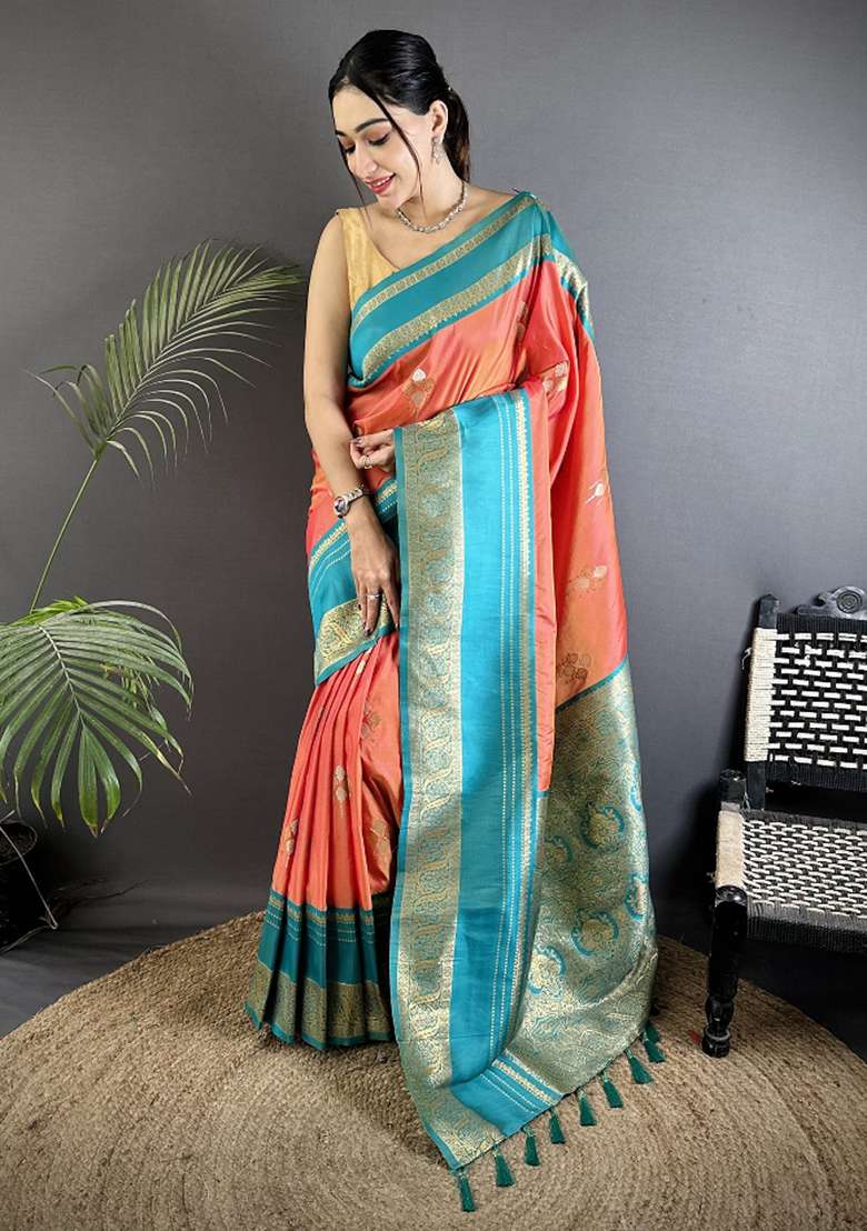 Peach Woven Silk Blend Saree Set for Diwali | Wedding & Festive Wear - Indya