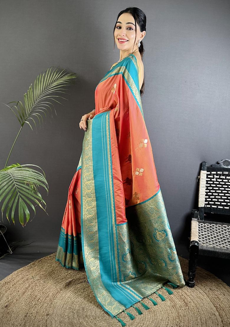 Peach Woven Silk Saree Set - Indya