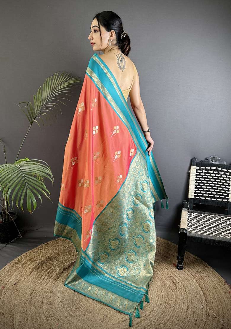 Peach Woven Silk Blend Saree Set for Diwali | Wedding & Festive Wear - Indya