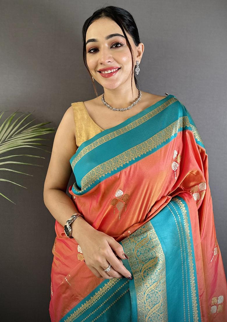 Peach Woven Silk Saree Set - Indya