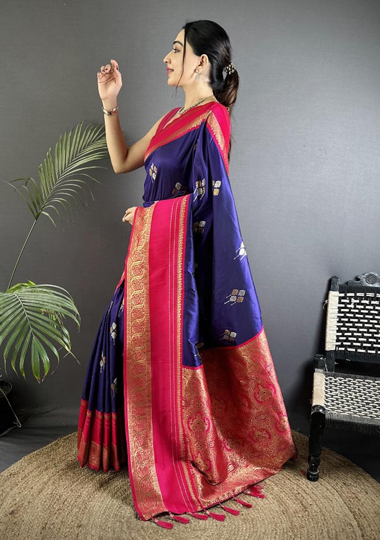 Violet Woven Silk Saree Set - Indya