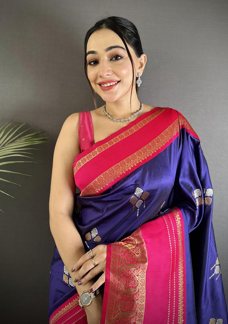 Violet Woven Silk Saree Set - Indya