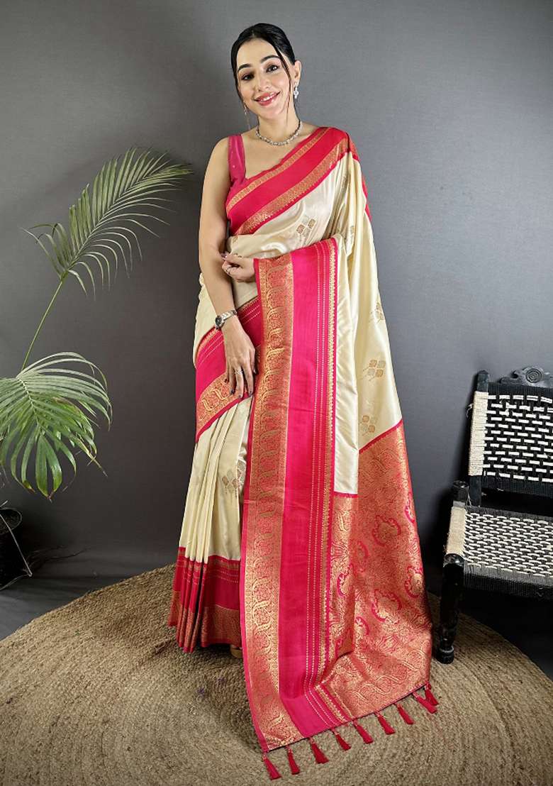 Cream Woven Silk Blend Saree Set for Diwali | Wedding & Festive Wear - Indya