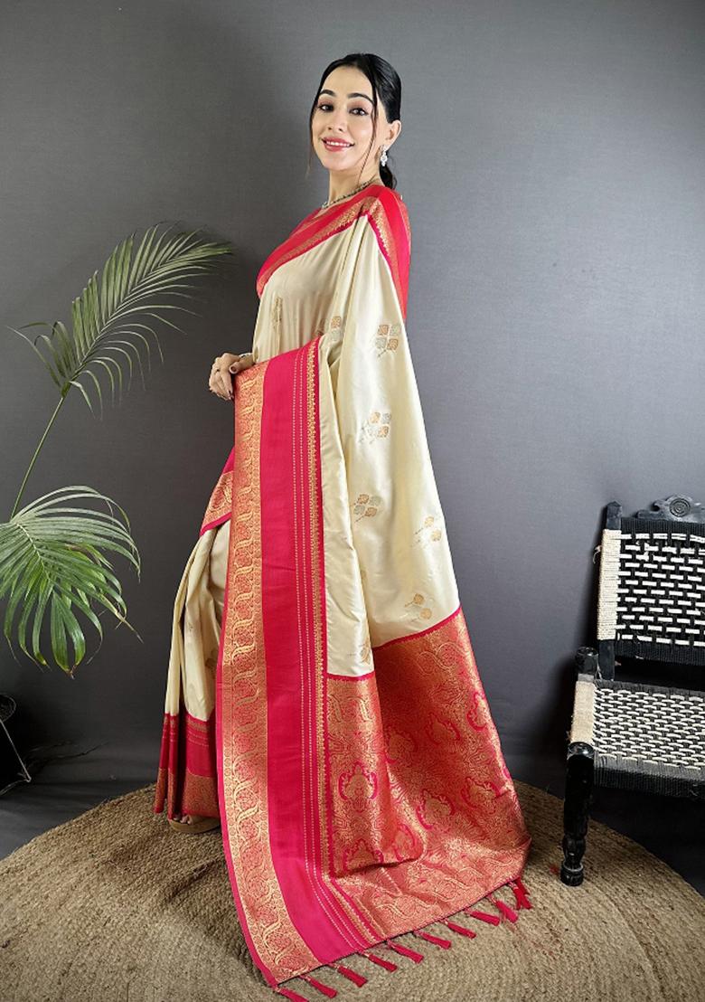Cream Woven Silk Saree Set - Indya