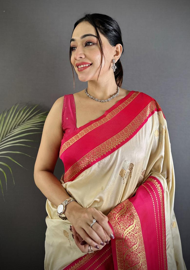 Cream Woven Silk Saree Set - Indya