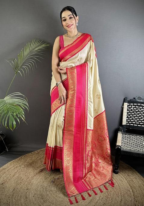 Cream Woven Silk Saree Set