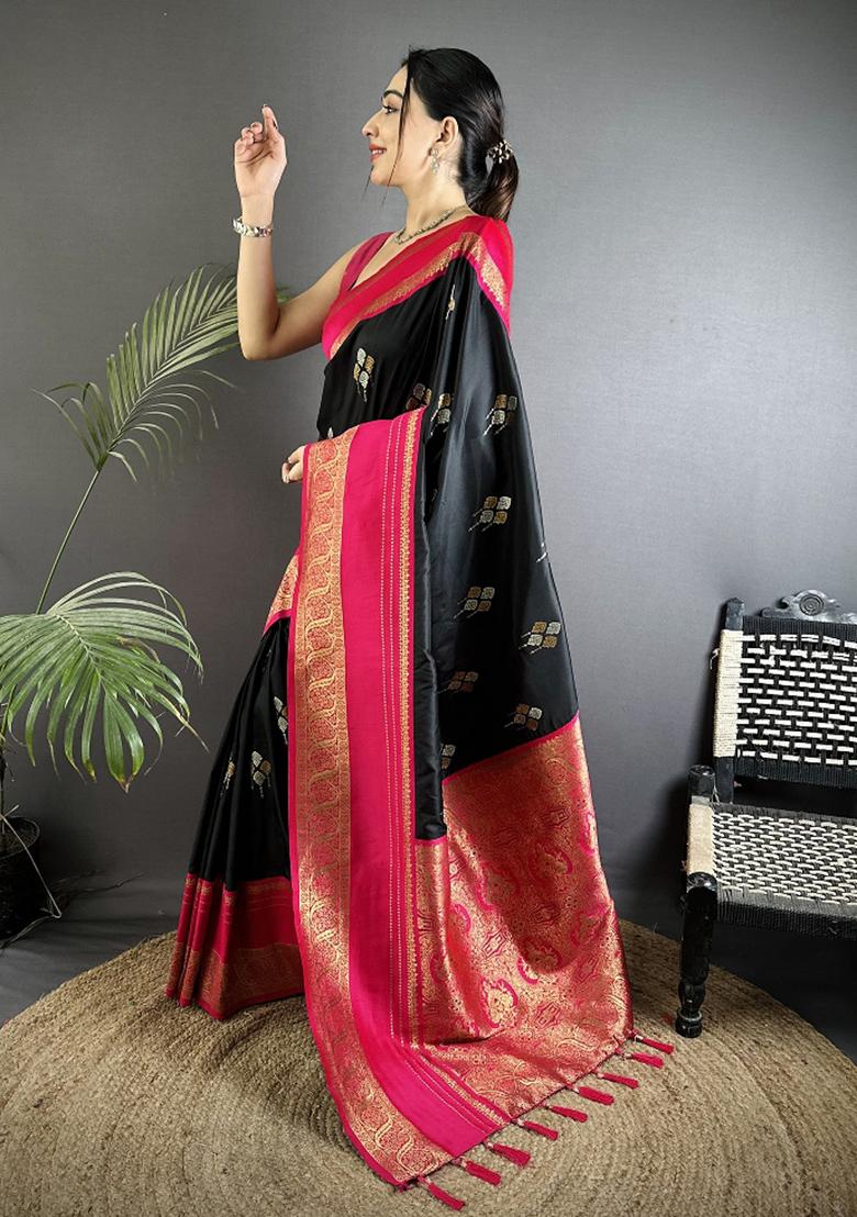 Black Woven Silk Saree Set - Indya