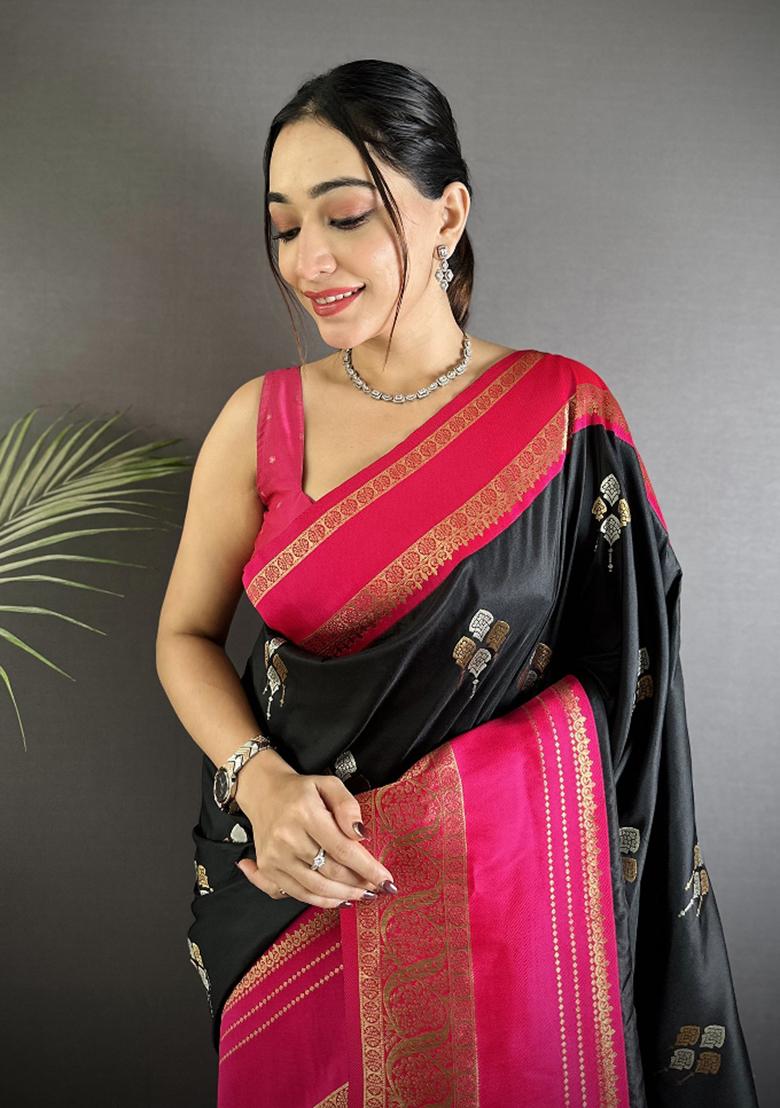 Black Woven Silk Saree Set - Indya