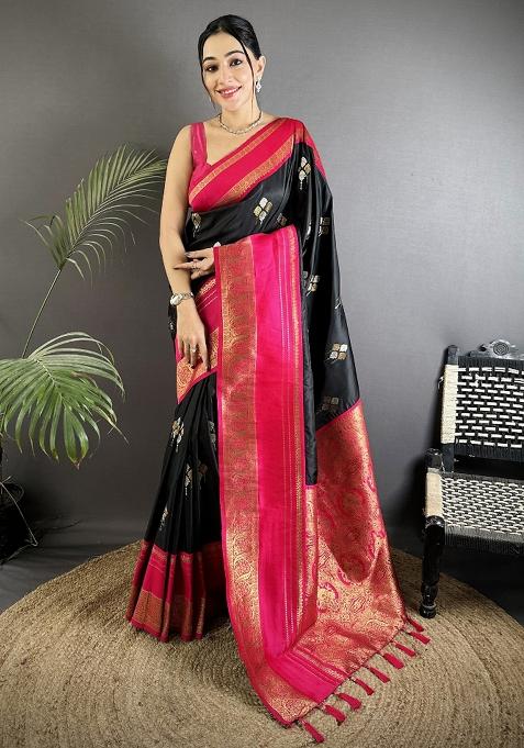 Black Woven Silk Saree Set
