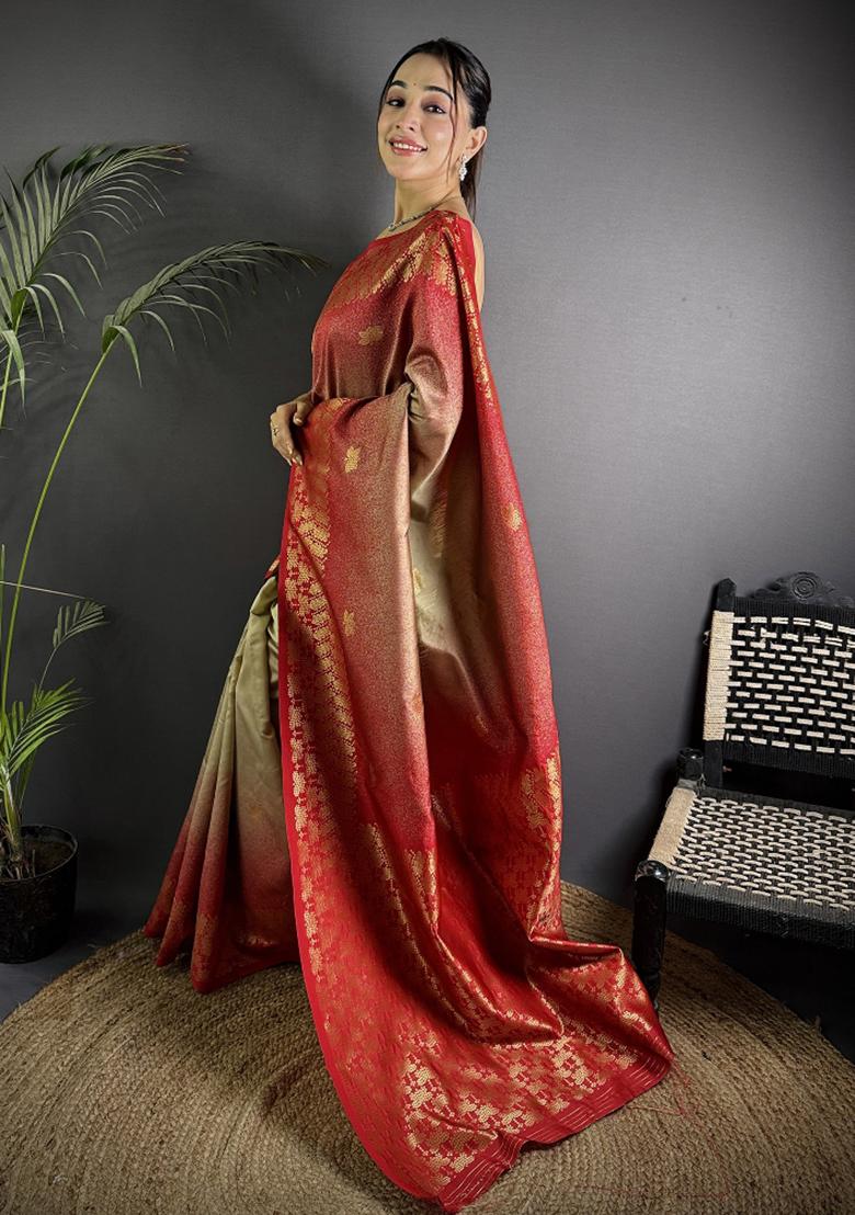 Beige Ikkat Silk Saree Set - Indya