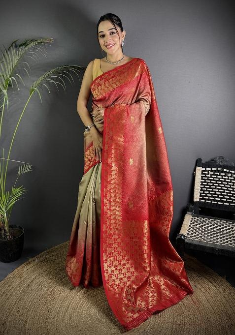 Beige Ikkat Silk Saree Set