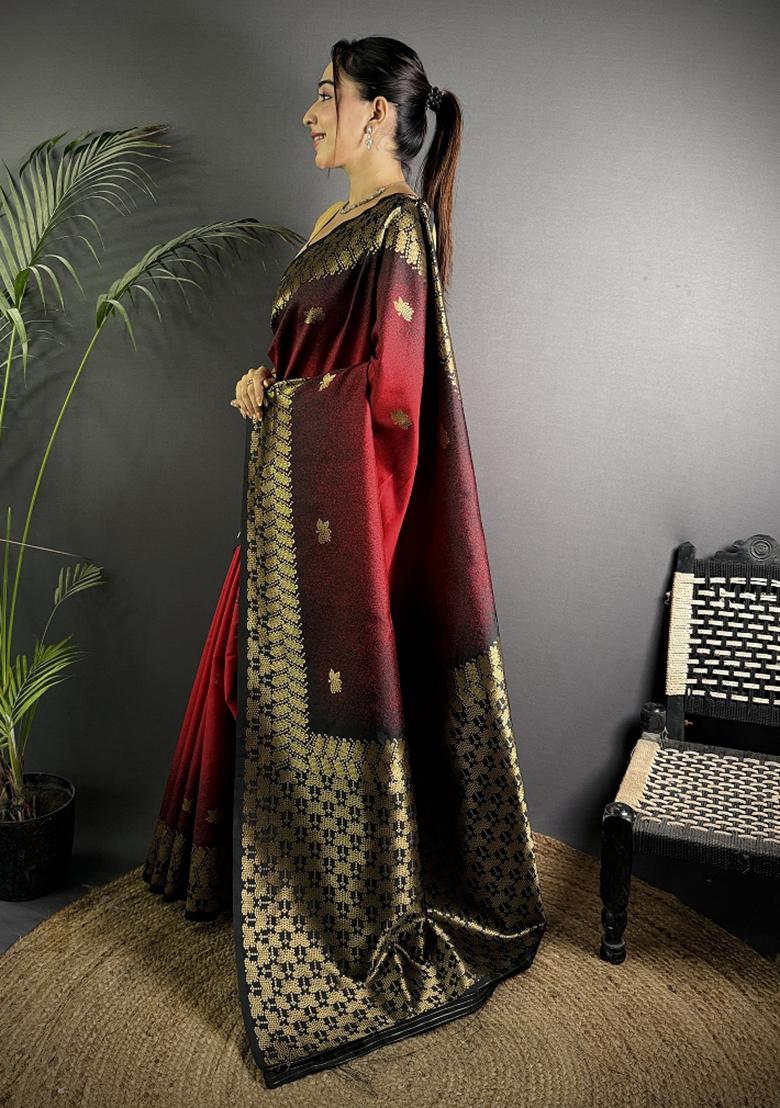 Red Ikkat Silk Saree Set - Indya
