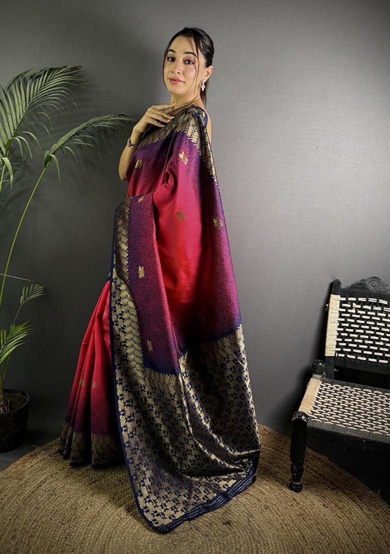 Red Ikkat Silk Saree Set - Indya