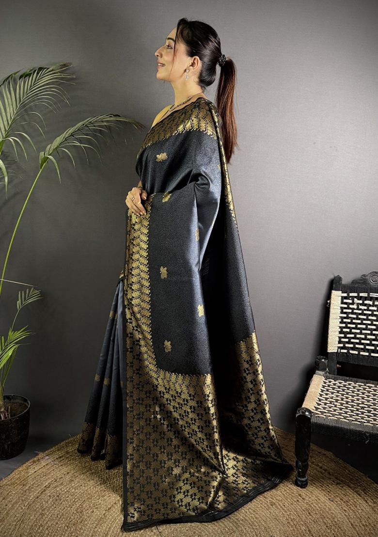 Grey Ikkat Silk Saree Set - Indya