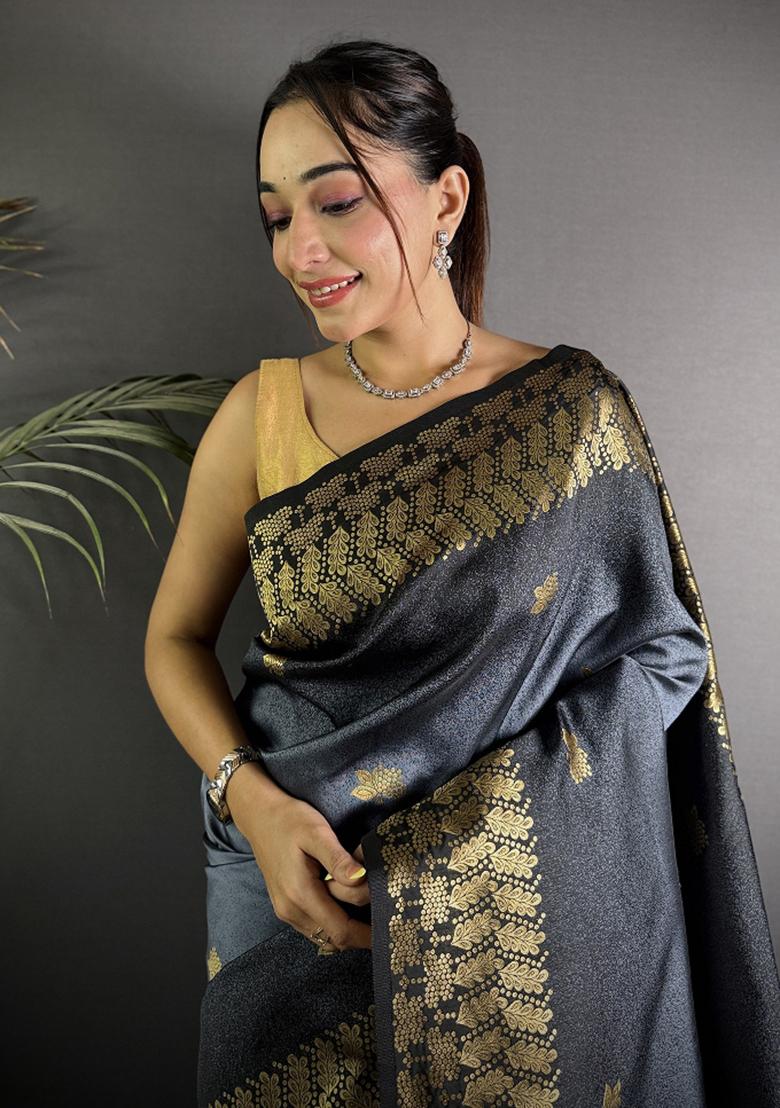 Grey Ikkat Silk Saree Set - Indya