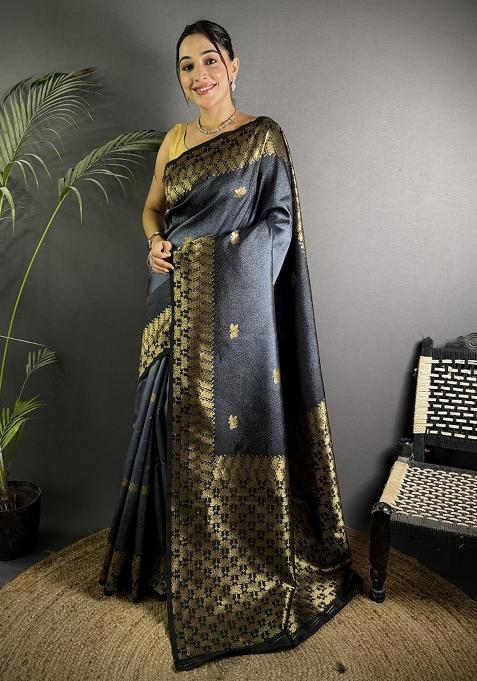 Grey Ikkat Silk Saree Set