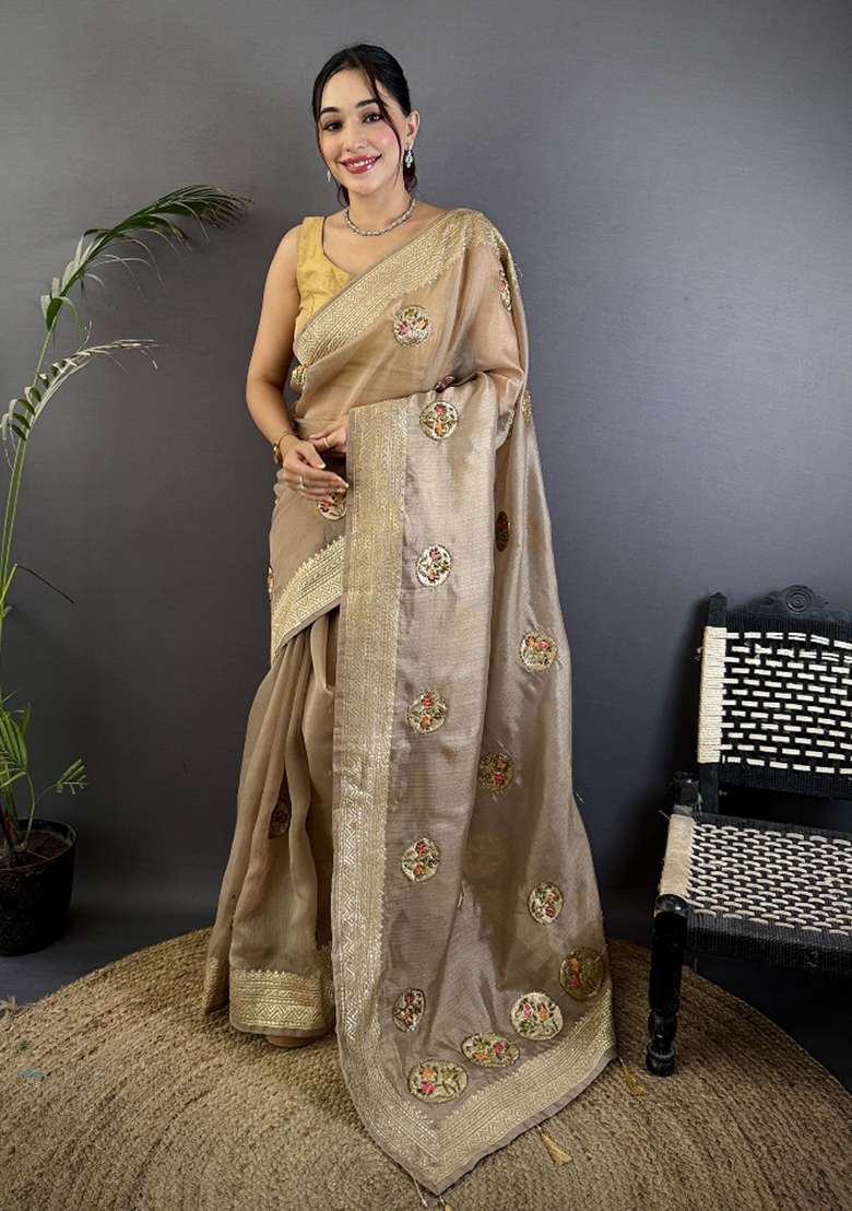 Mud Brown Khatali Butta Work Silk Blend Saree Set for Diwali | Wedding & Festive Wear - Indya