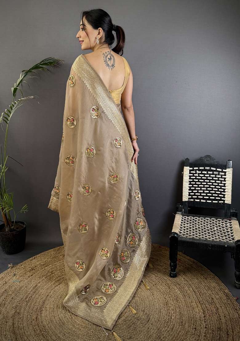 Mud Brown Khatali Butta Work Silk Blend Saree Set for Diwali | Wedding & Festive Wear - Indya