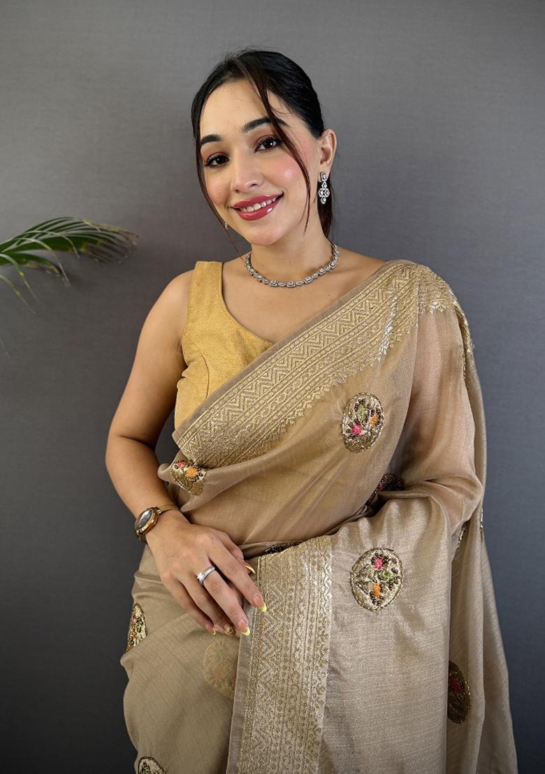 Mud Brown Khatali Butta Work Silk Saree Set - Indya