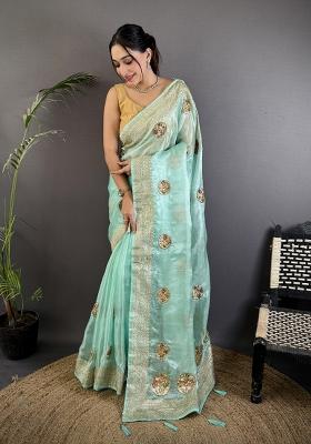 Sky Blue Khatali Butta Work Silk Saree Set