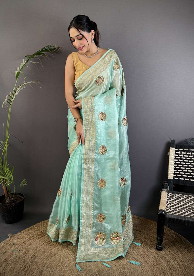 Sky Blue Khatali Butta Work Silk Blend Saree Set for Diwali and Festive Wear - Indya