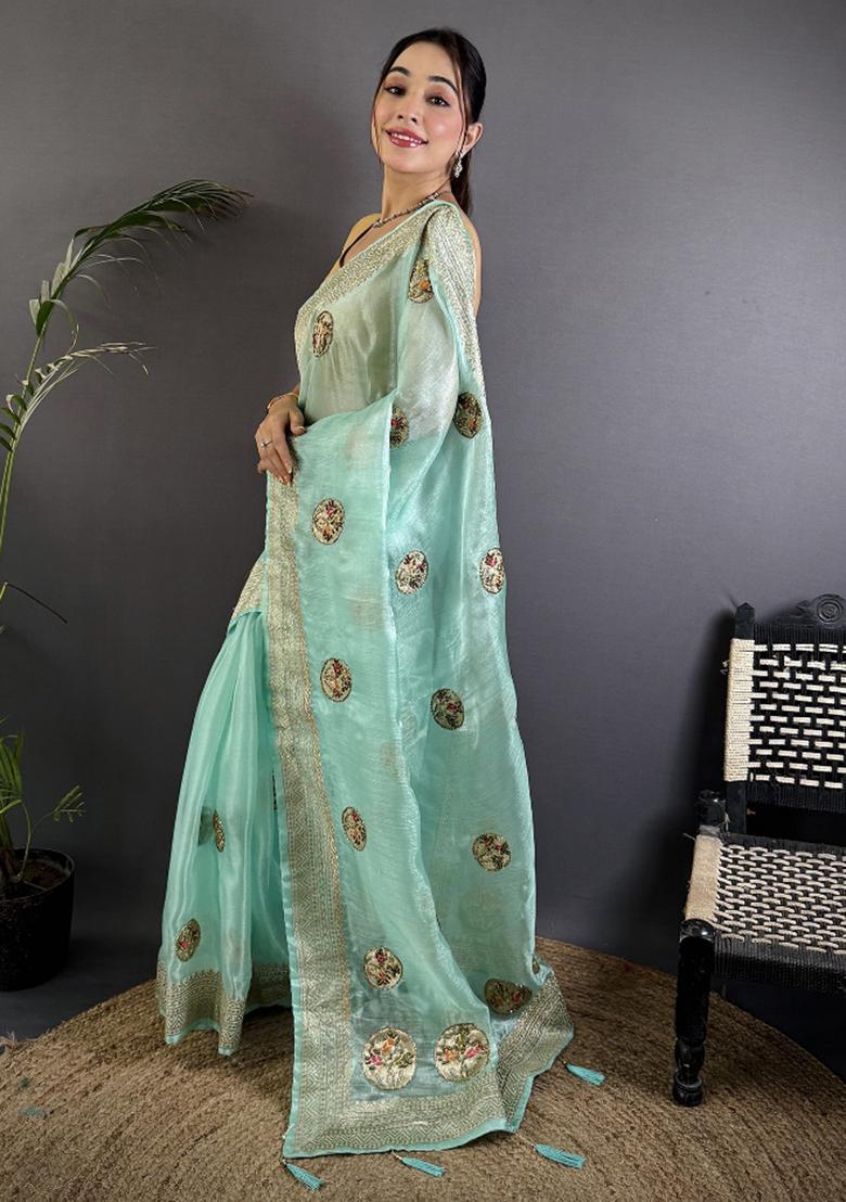 Sky Blue Khatali Butta Work Silk Saree Set - Indya