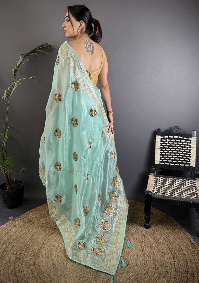 Sky Blue Khatali Butta Work Silk Blend Saree Set for Diwali and Festive Wear - Indya