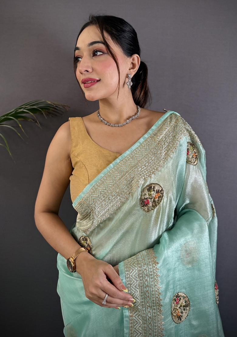 Sky Blue Khatali Butta Work Silk Saree Set - Indya