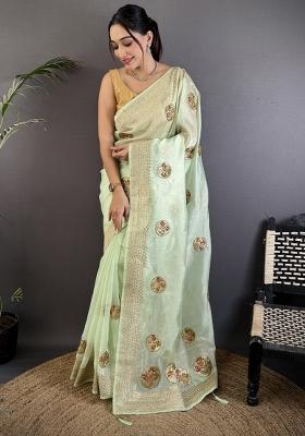 Light Green Khatali Butta Work Silk Saree Set