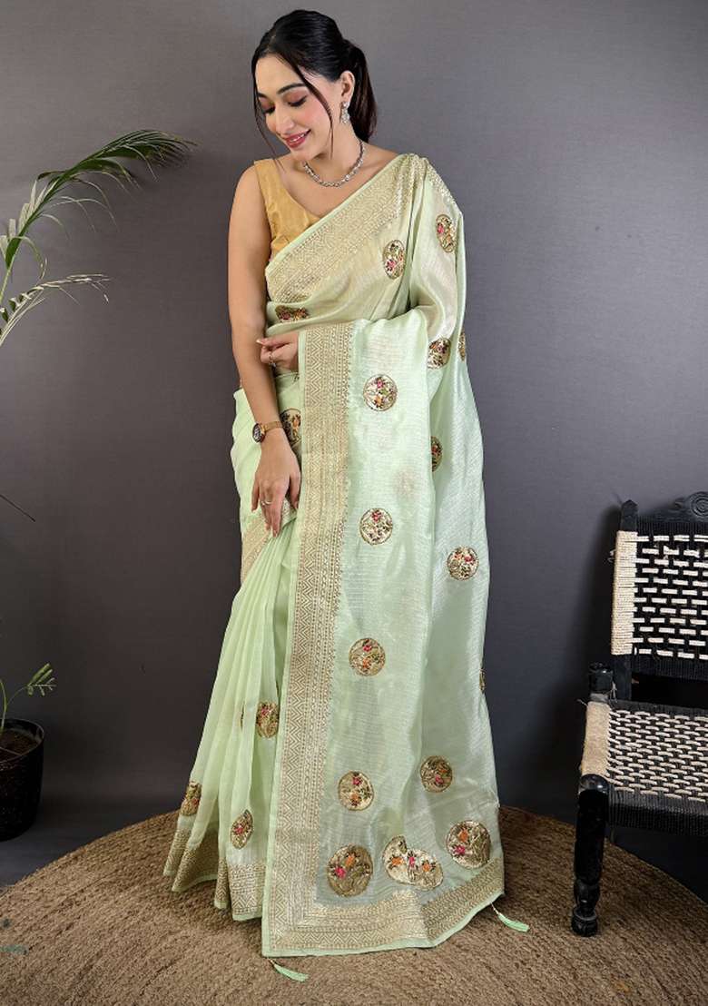 Light Green Khatali Butta Work Silk Blend Saree Set for Diwali | Wedding & Festive Wear - Indya