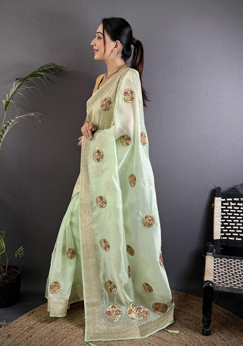 Light Green Khatali Butta Work Silk Saree Set - Indya