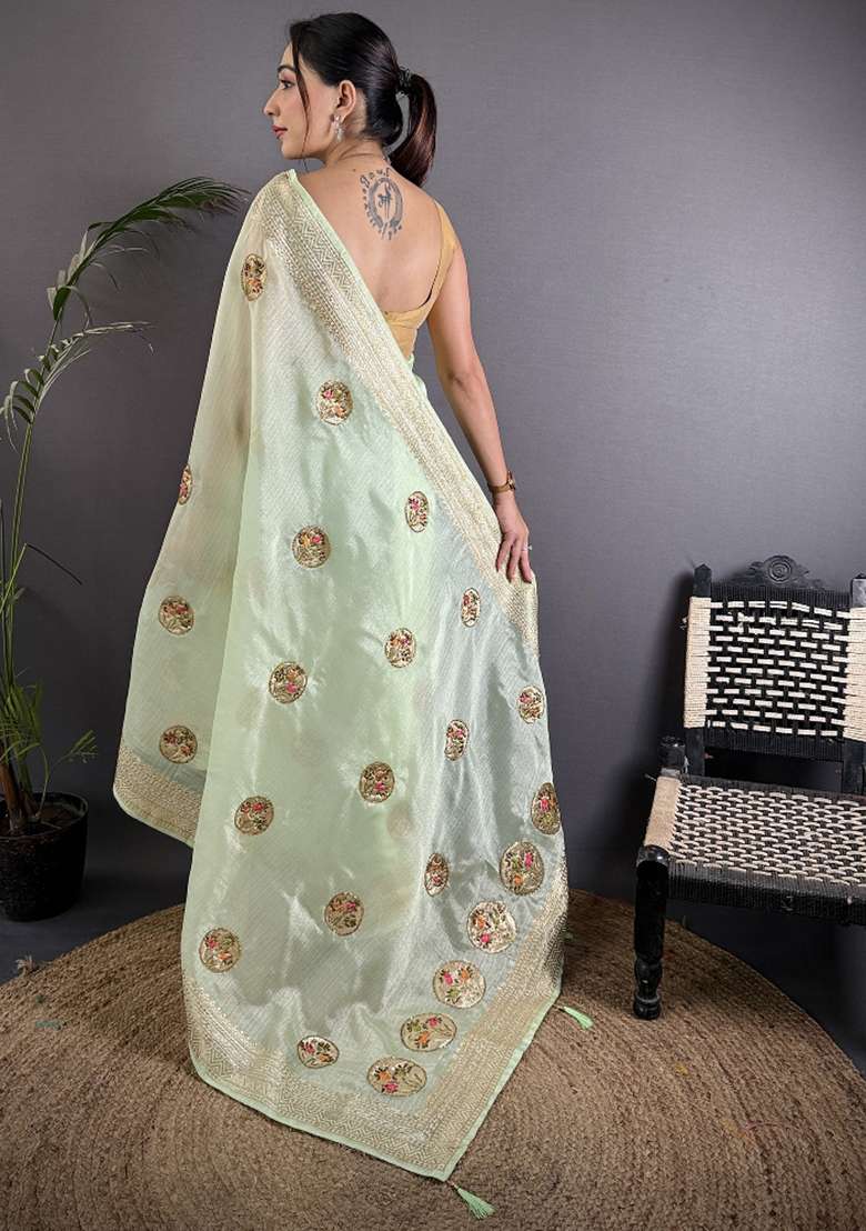 Light Green Khatali Butta Work Silk Blend Saree Set for Diwali | Wedding & Festive Wear - Indya