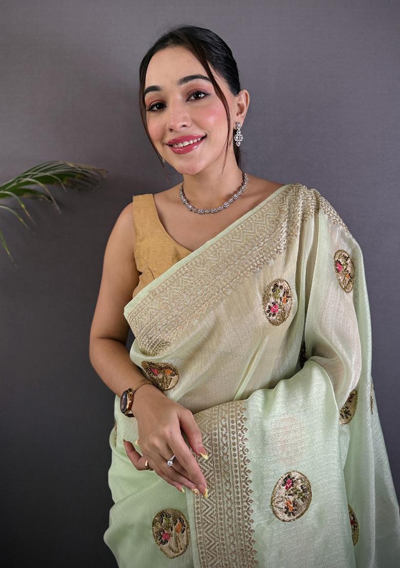 Light Green Khatali Butta Work Silk Saree Set - Indya