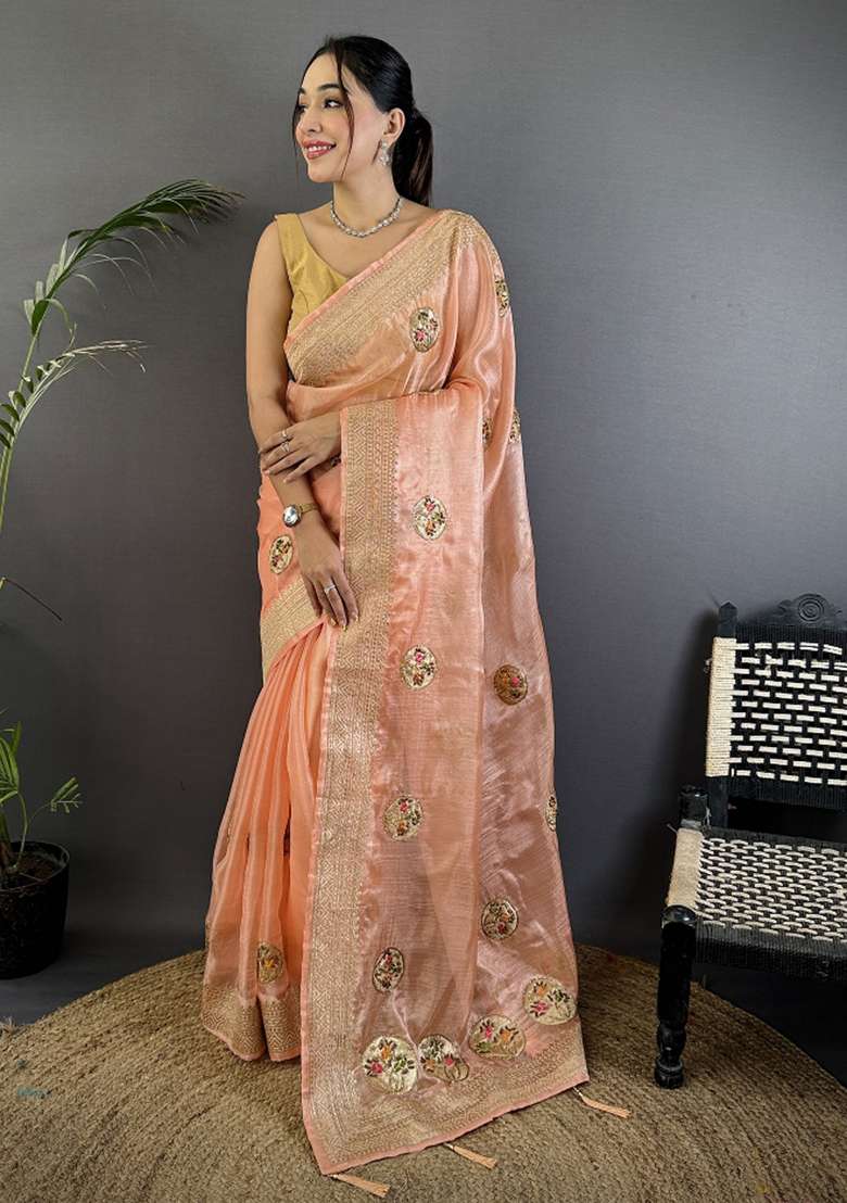 Peach Khatali Butta Work Silk Blend Saree Set for Diwali and Festive Wear - Indya