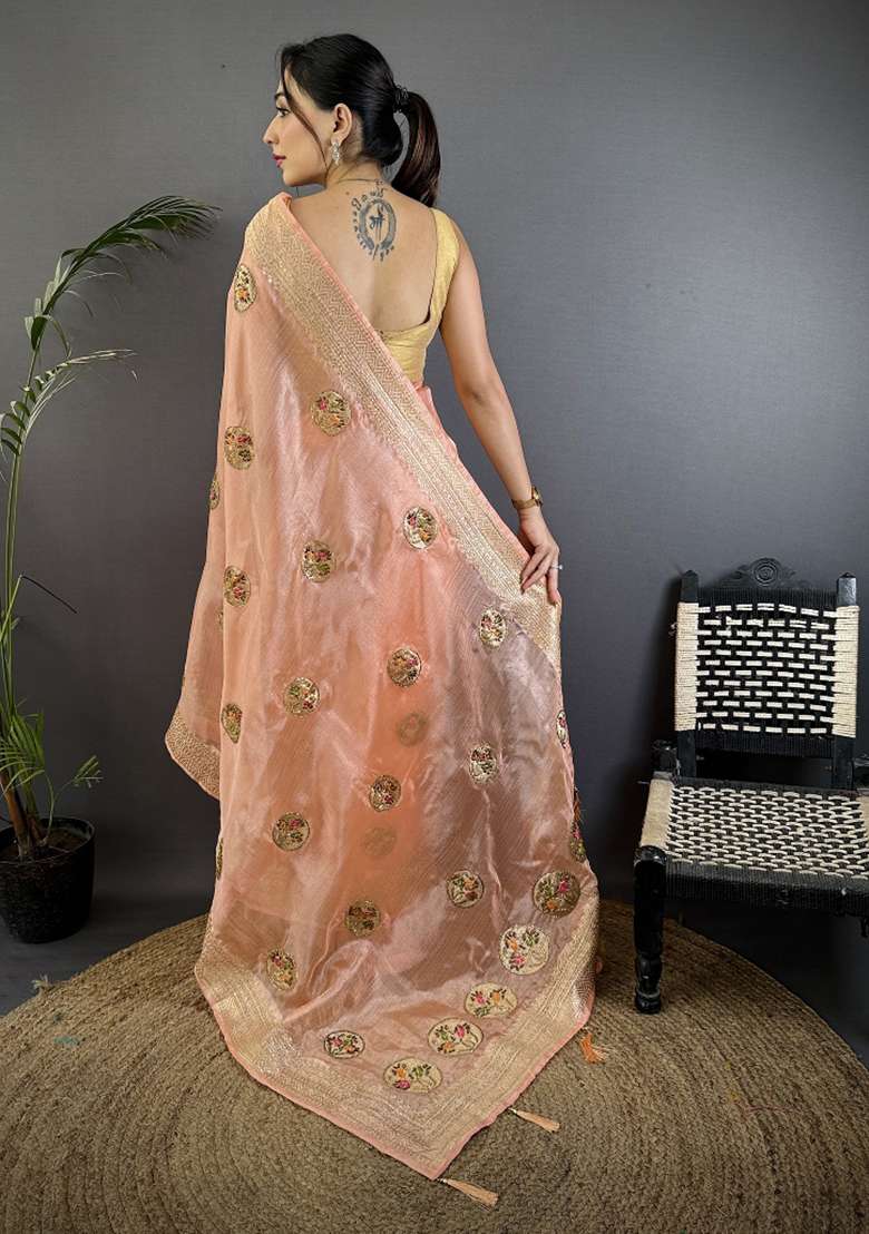 Peach Khatali Butta Work Silk Blend Saree Set for Diwali and Festive Wear - Indya