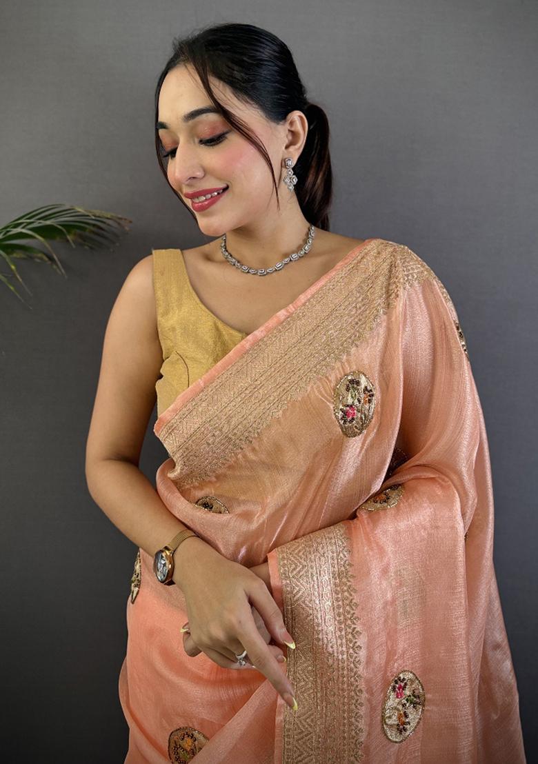 Peach Khatali Butta Work Silk Saree Set - Indya