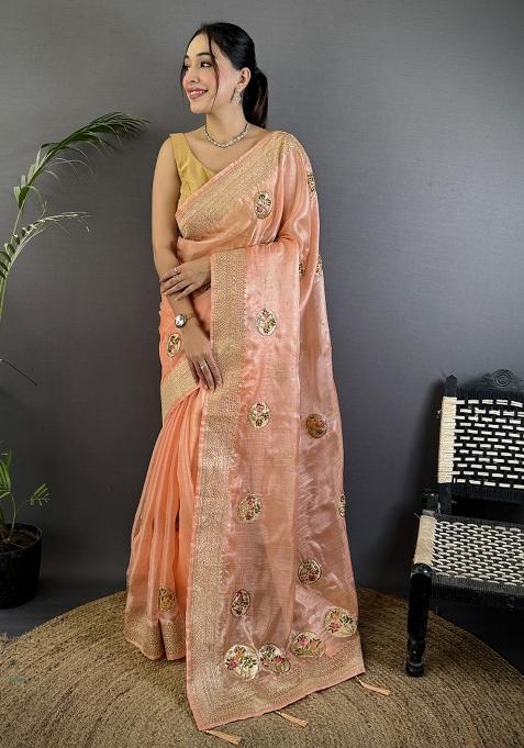 Peach Khatali Butta Work Silk Saree Set