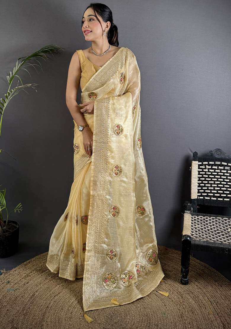 Light Yellow Khatali Butta Work Silk Blend Saree Set for Diwali and Festive Wear - Indya