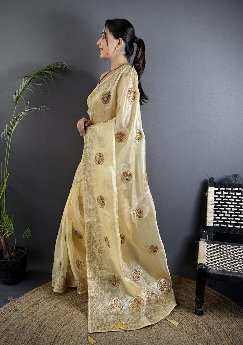 Light Yellow Khatali Butta Work Silk Saree Set - Indya