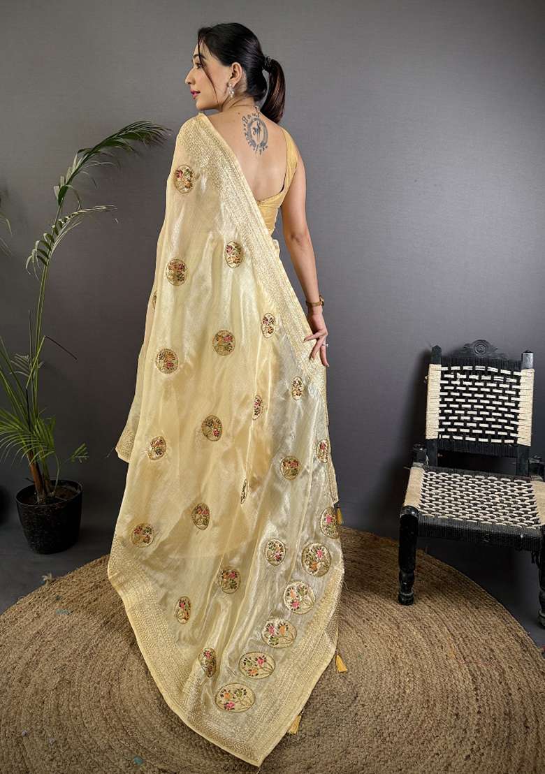 Light Yellow Khatali Butta Work Silk Blend Saree Set for Diwali and Festive Wear - Indya