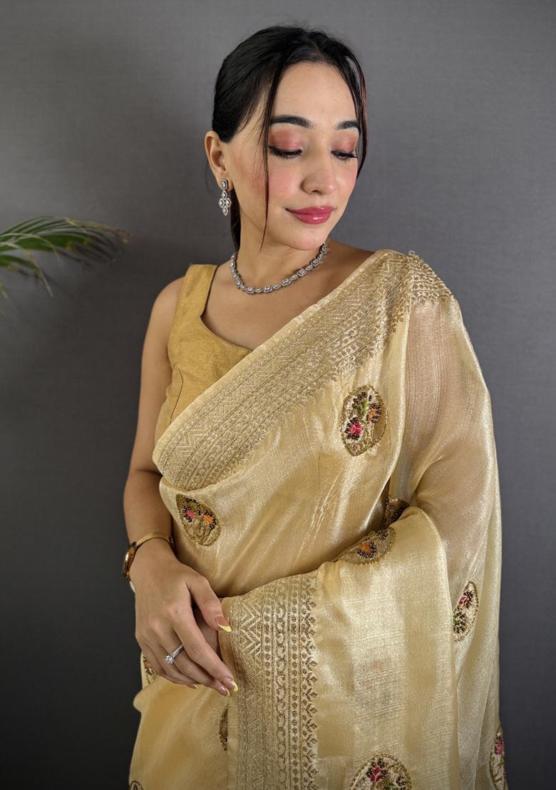 Light Yellow Khatali Butta Work Silk Saree Set - Indya