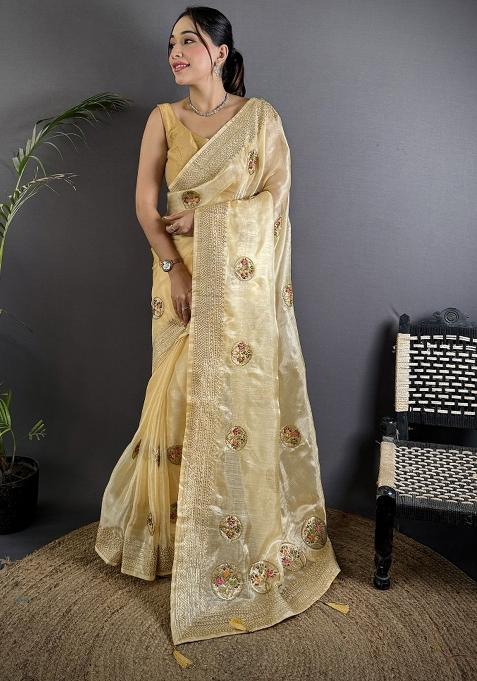 Light Yellow Khatali Butta Work Silk Saree Set