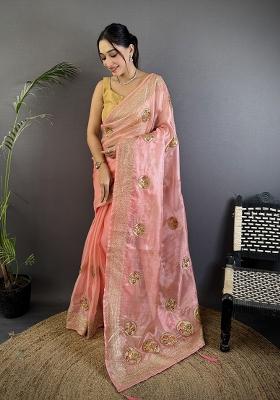 Baby Pink Khatali Butta Work Silk Saree Set