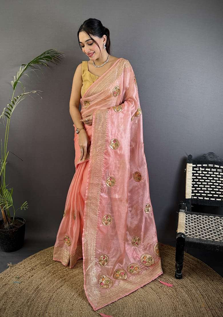 Baby Pink Khatali Butta Work Silk Blend Saree Set for Diwali and Festive Wear - Indya